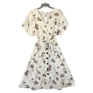 MNG CASUAL Floral Shirt Dress Button Skirt Belted Cream Brown Size 8 NWT